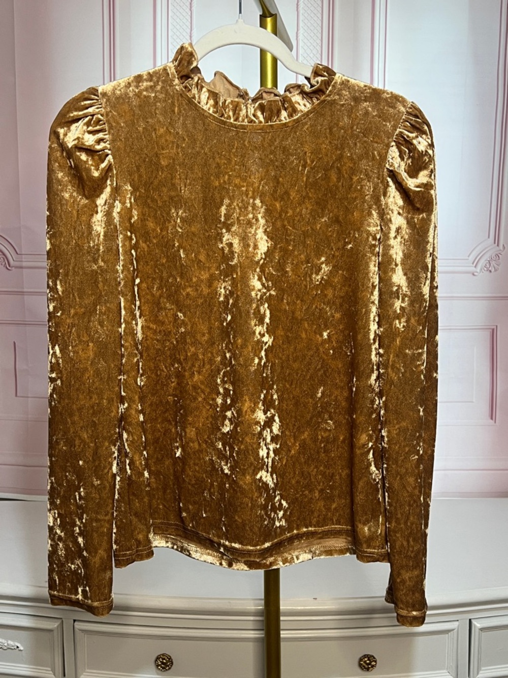 Gold Velvet Ruffle Neck Long Sleeve Shoulder Puff